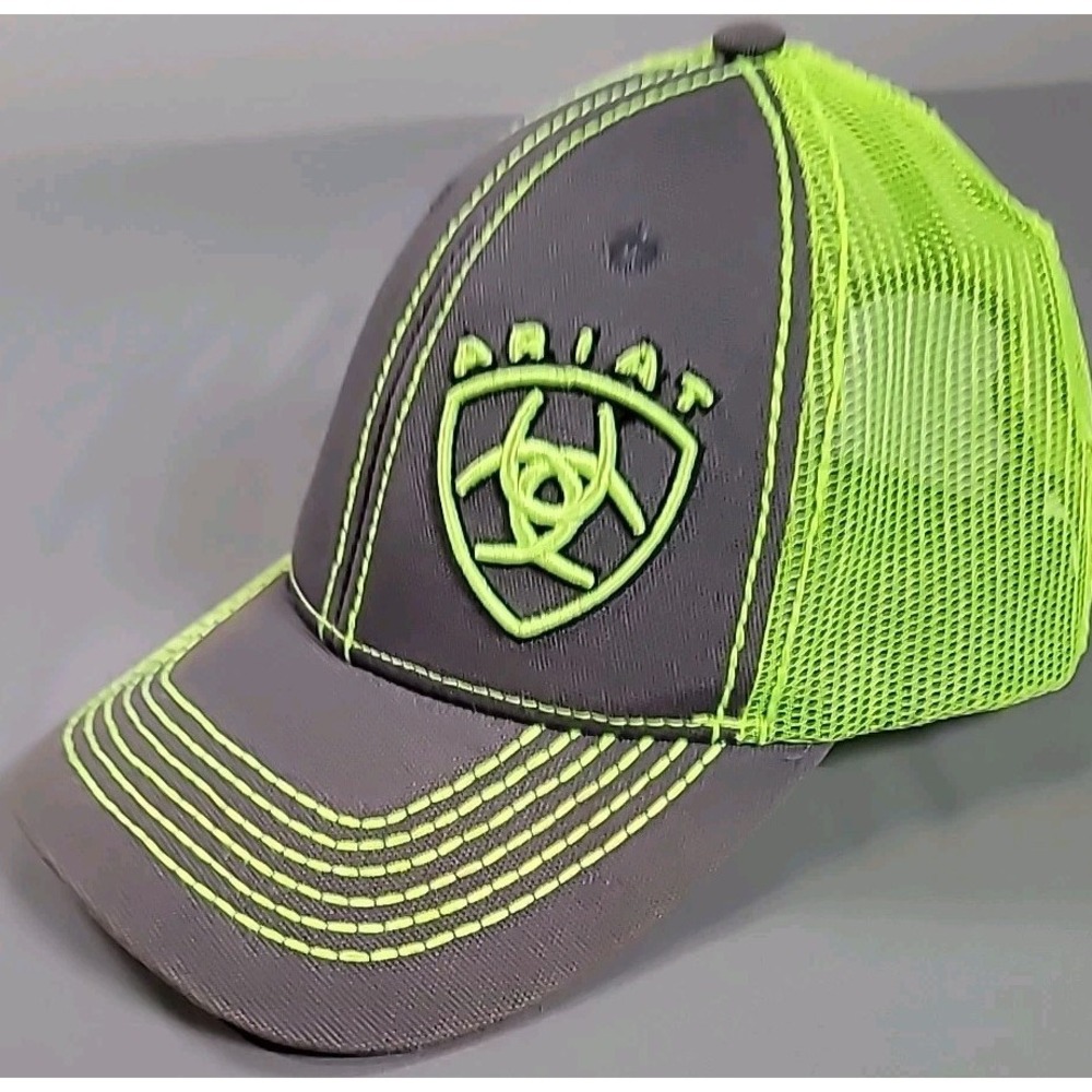 Ariat Mens Snapback Hat Green Gray Cowboy Vented Mesh Trucker Cap Adjustable